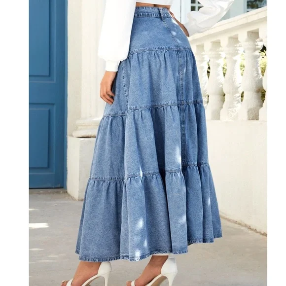 Luxe Medium Wash Button Ruffle Hem Denim Jean Maxi Skirt - Picture 3 of 5